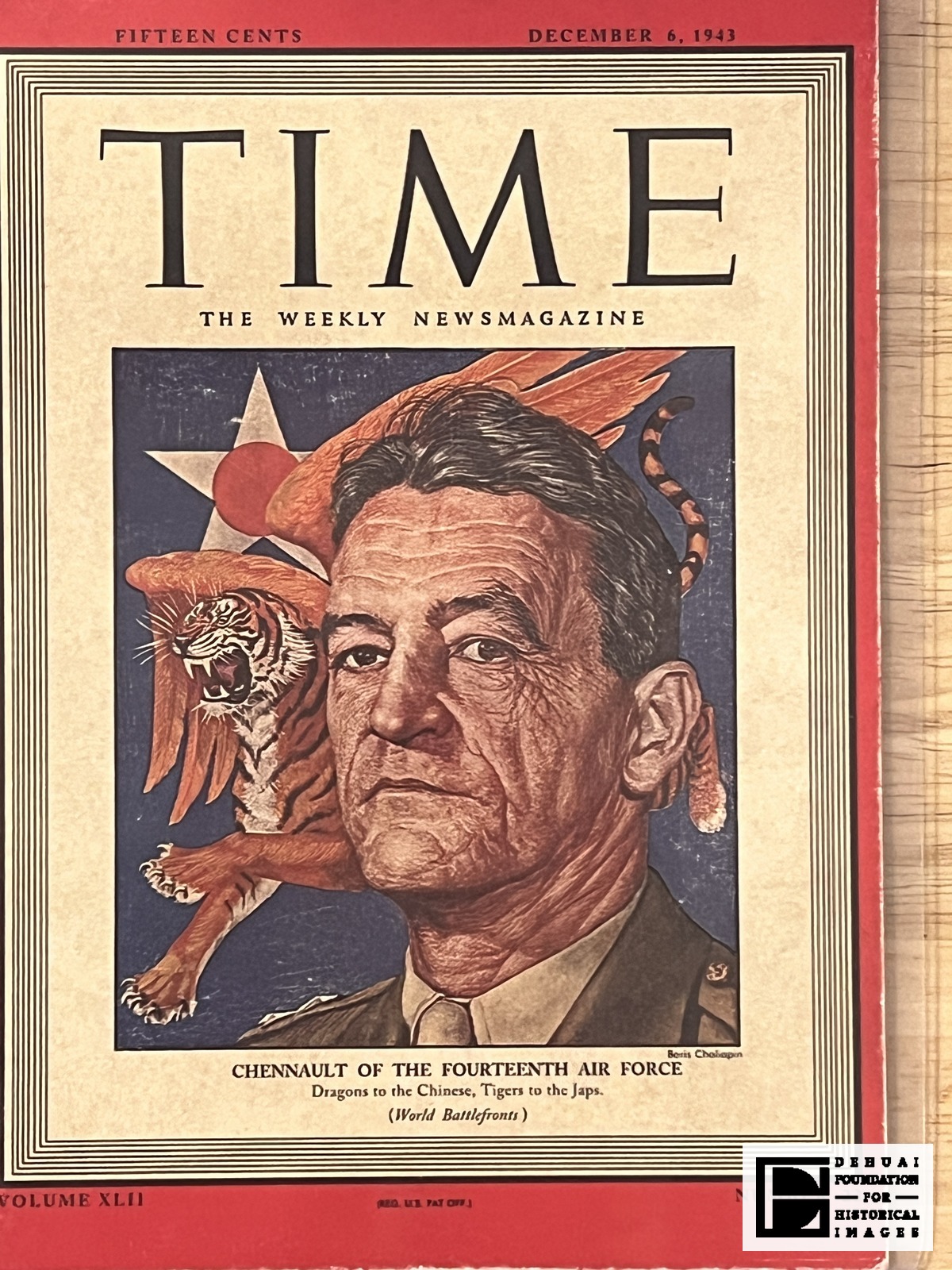 TFA-CA-135 — Front cover of the issue: the painted portrait of the officer with the winged tiger behind him, under the printed caption "CHENNAULT OF THE FOURTEENTH AIR FORCE / Dragons to the Chinese, Tigers to the Japs."
